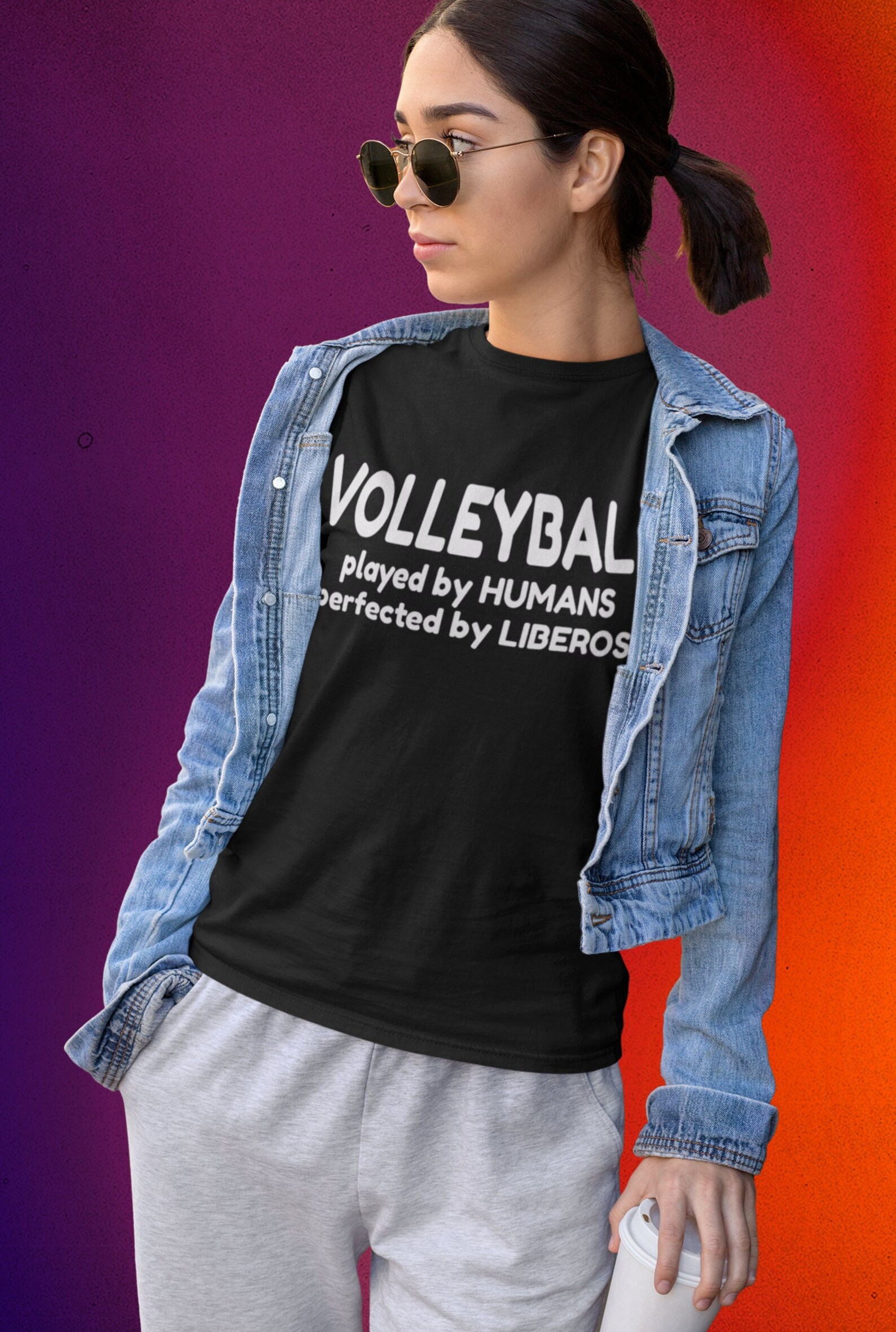 Volleyball quotes like "VOLLEYBALL Played by Humans Perfected by Liberos" are some of the motivational volleyball sayings on short and long sleeve shirts, matching oversized hoodies and wide leg volleyball pajama pj pants.