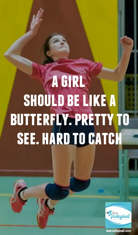 "A girl should be like a butterfly. Pretty to see. Hard to catch." and other strong girls pictures paired with an inspirational volleyball quote on Dear Volleyball.com.
