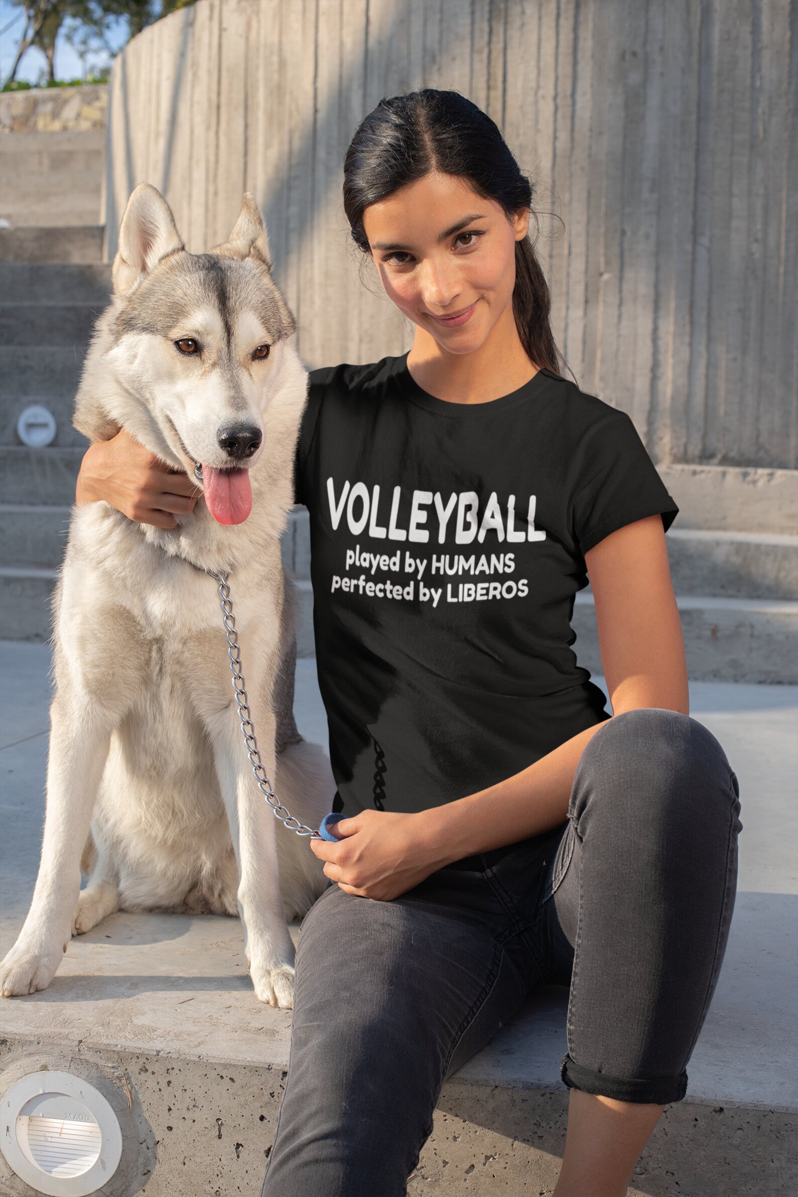 Volleyball quotes like "VOLLEYBALL Played by Humans Perfected by Liberos" are some of the motivational volleyball sayings on short and long sleeve shirts, matching oversized hoodies and wide leg volleyball pajama pj pants.
