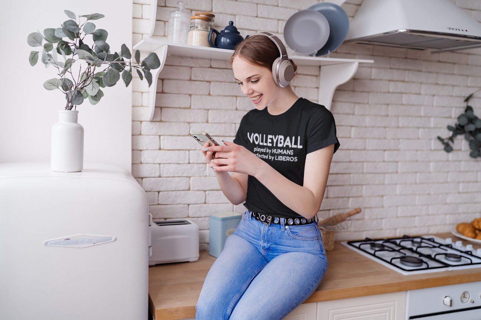 Volleyball quotes like "VOLLEYBALL Played by Humans Perfected by Liberos" are some of the motivational volleyball sayings on short and long sleeve shirts, matching oversized hoodies and wide leg volleyball pajama pj pants.